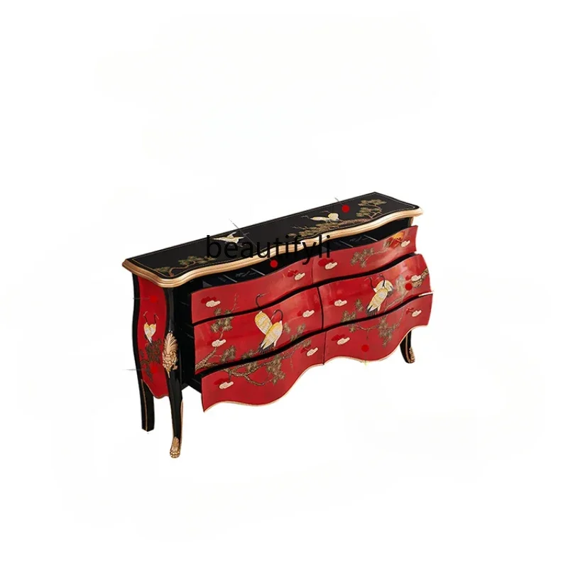 

zxS Retro Chinese Style Hand-Painted Solid Wood French Style Living Room Entrance Hallway Decorative Door Hall Side Cabinet