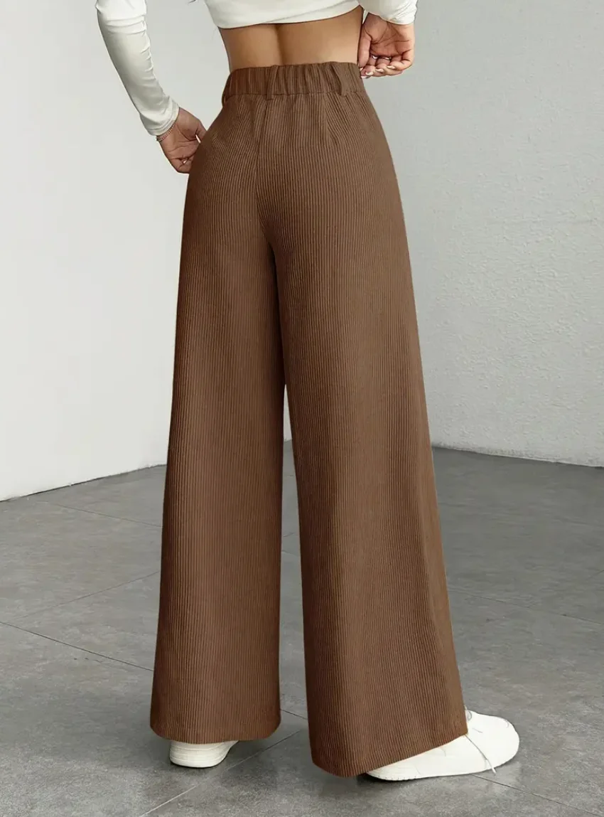 Elegant Corduroy Wide Leg Pants Women High Waist Brown Casual Trousers Office Commuting Vintage Solid Color Winter Pants