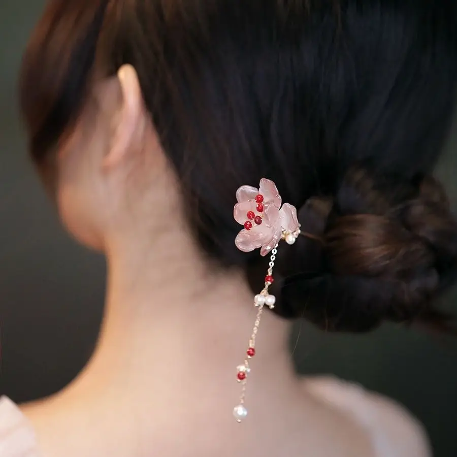 Chinese Style Lucky Glaze Flower Tassel Hairpin Pink Blue Option Traditional Hanfu Cheongsam Hair Accessories For Women Hair Upd