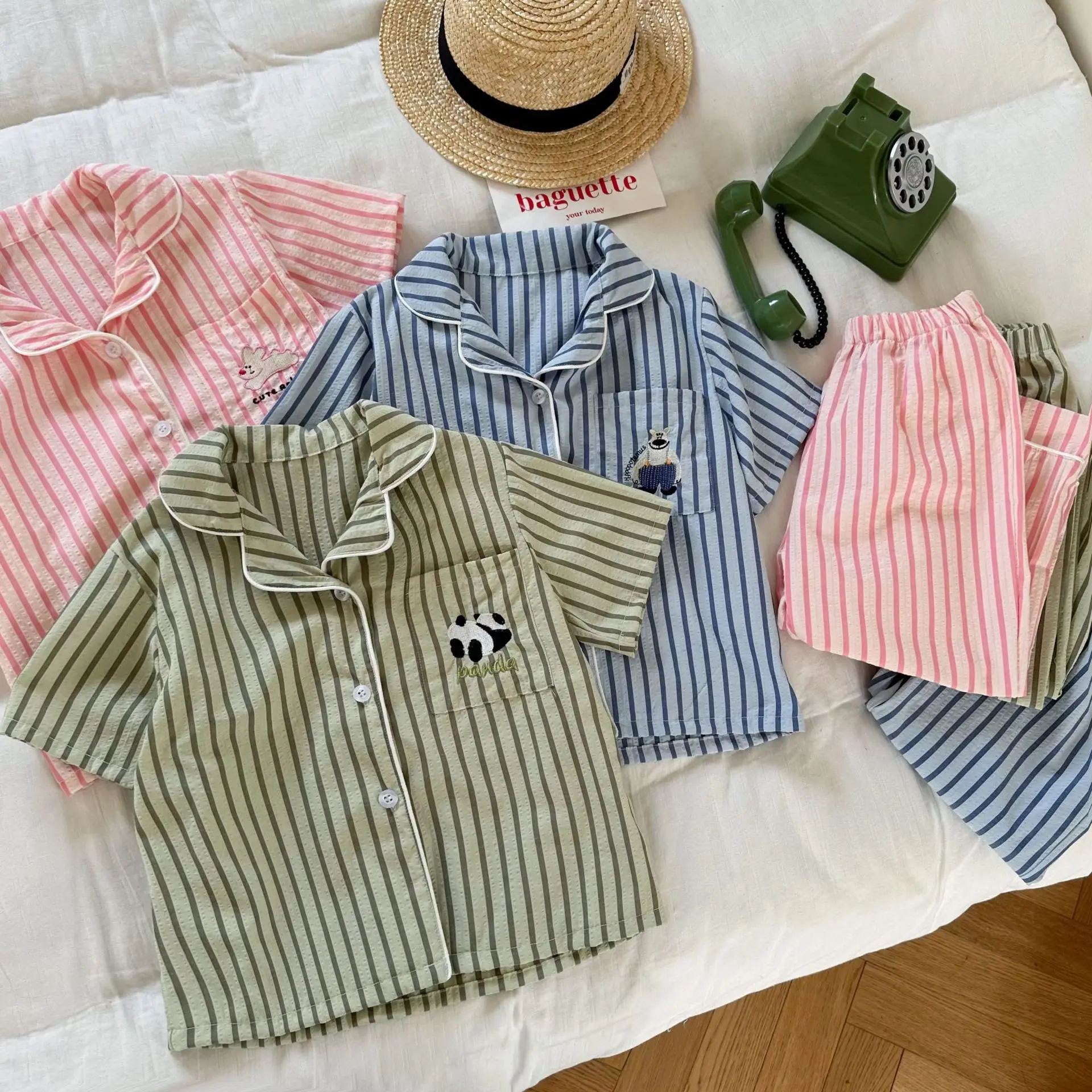 Children Summer Clothing Set Korean Boy Girl Fashion Striped Cotton Pajamas Kids Brief Soft Breathable Homewear Clothes