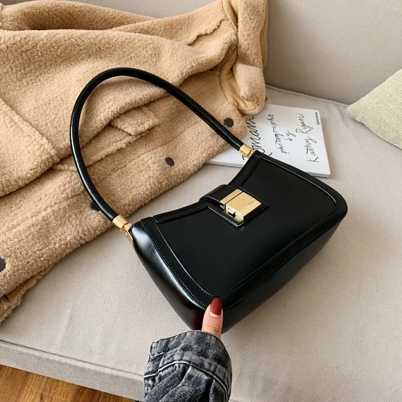 Shoulder Bags for Women Solid Color PU Leather 2023 Trend Lock Handbags Small Purse Hand Lady Designer Zipper Clutch