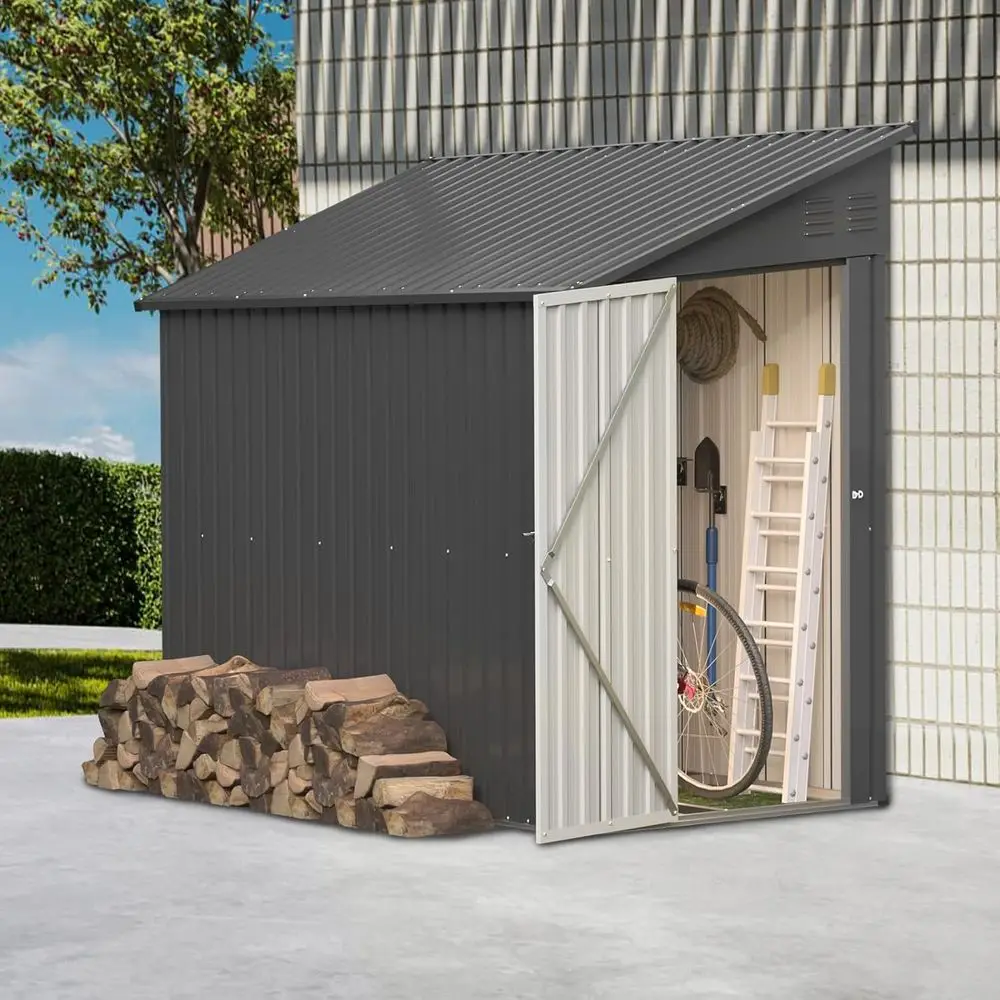 Outdoor Metal Lean-to Shed - 4x8 ft Garden Storage Cabinet for Backyard & Patio, Black