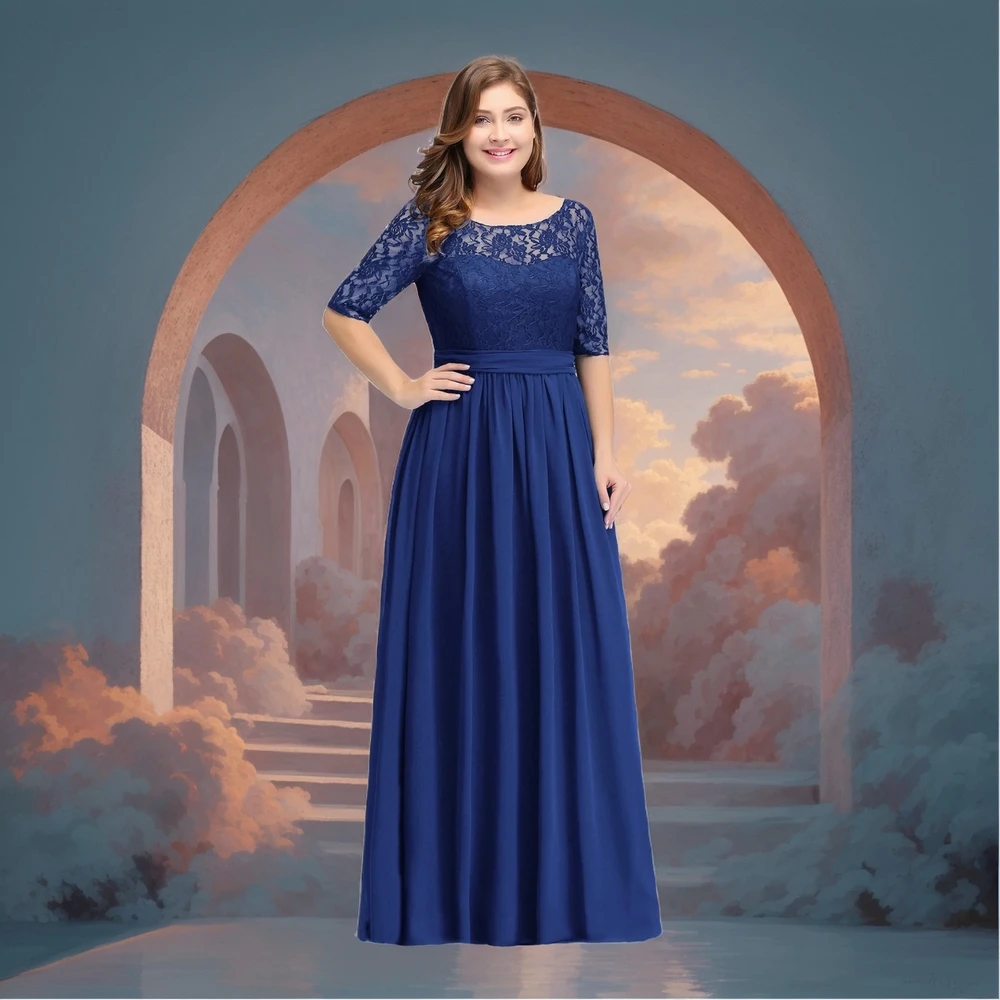 XL-4XL Plus Élégante Une Ligne Femmes Plus La Taille Dentelle Mousseline De Soie Robes De Demoiselle D'ints Longue Pour Le Mariage Robe De Soirée Invité Robe De Bal