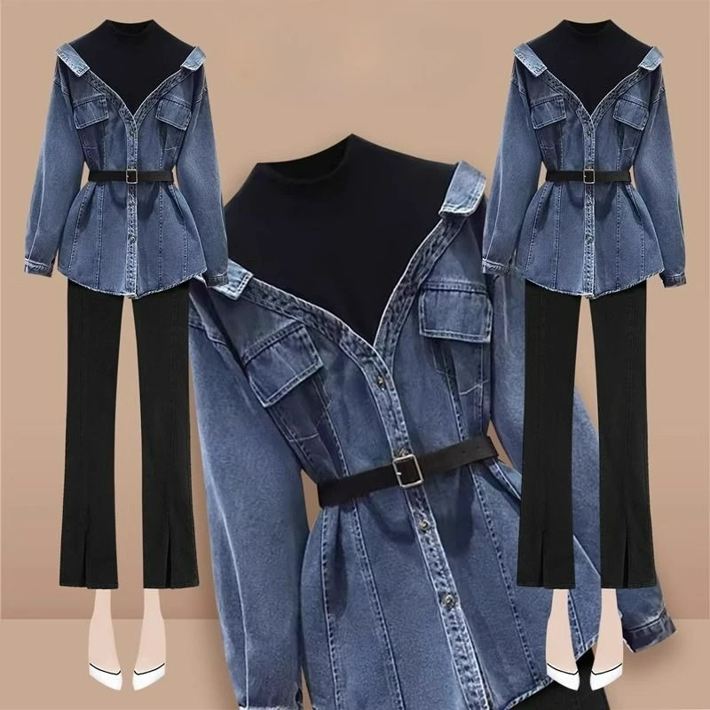 قميص دينم عصري مكون من قطعتين لربيع وخريف 2026 قميص دينم تنحيف الخصر للفتيات السمينات