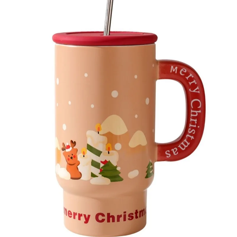Creative Large Capacity Christmas Ceramic Cup with Lid Straw Cup for Home Use High-value Mug