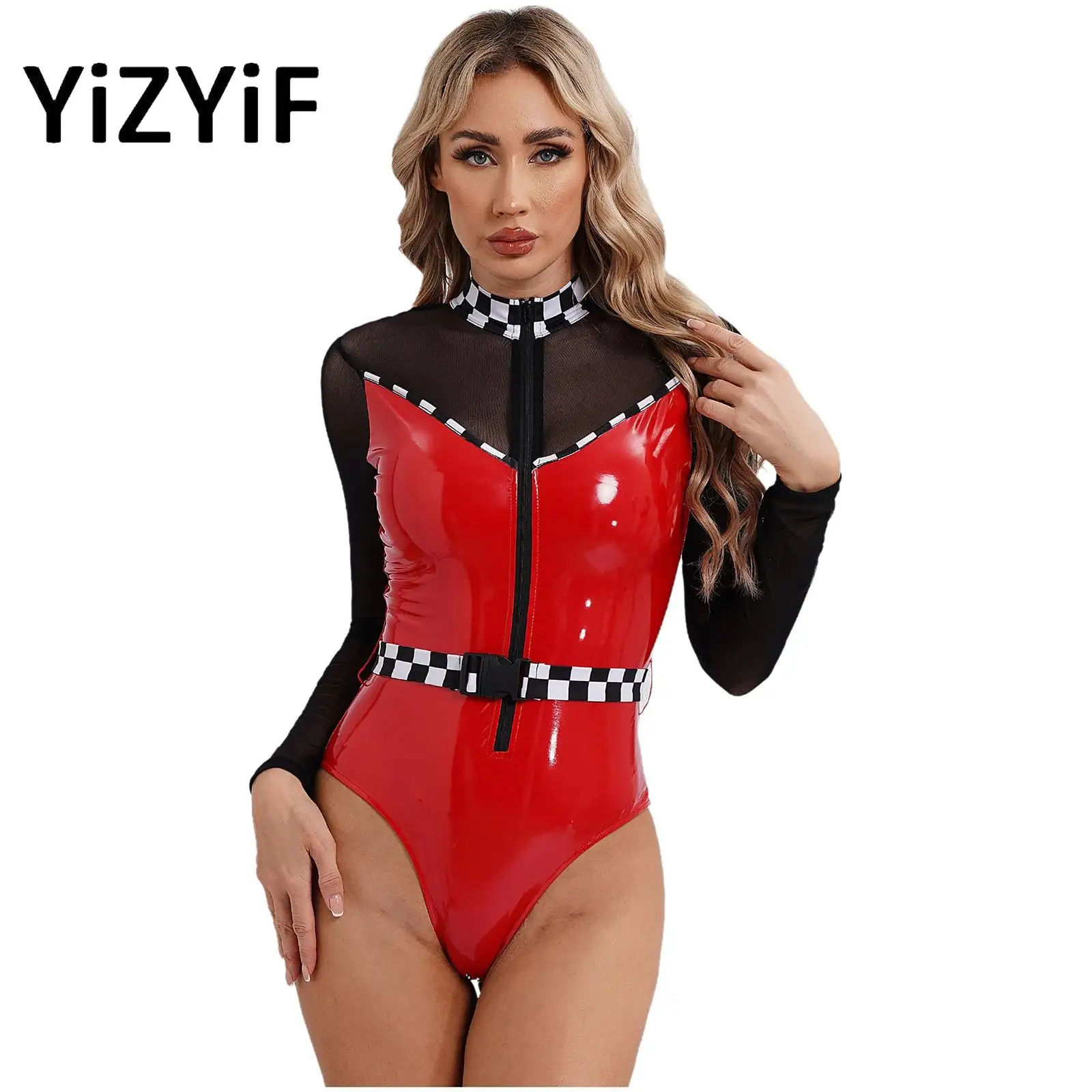 

Womens Race Racer Fancy Dress Bodysuit Glossy Patent Leather Jumpsuit Lingerie Speed Racer Driver Cosplay Thong Leotard Costume