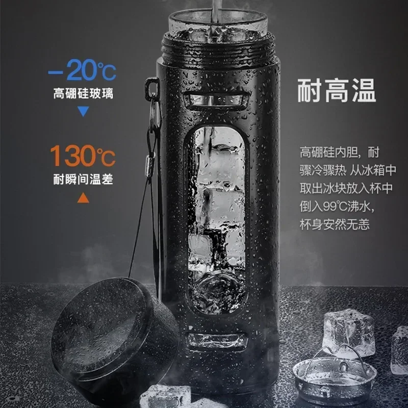 400 600 800 1000ml Glass Bottle Cup with Filter Rope Plastic Case Glass Cup Water Bottle Business Gift Black Blue