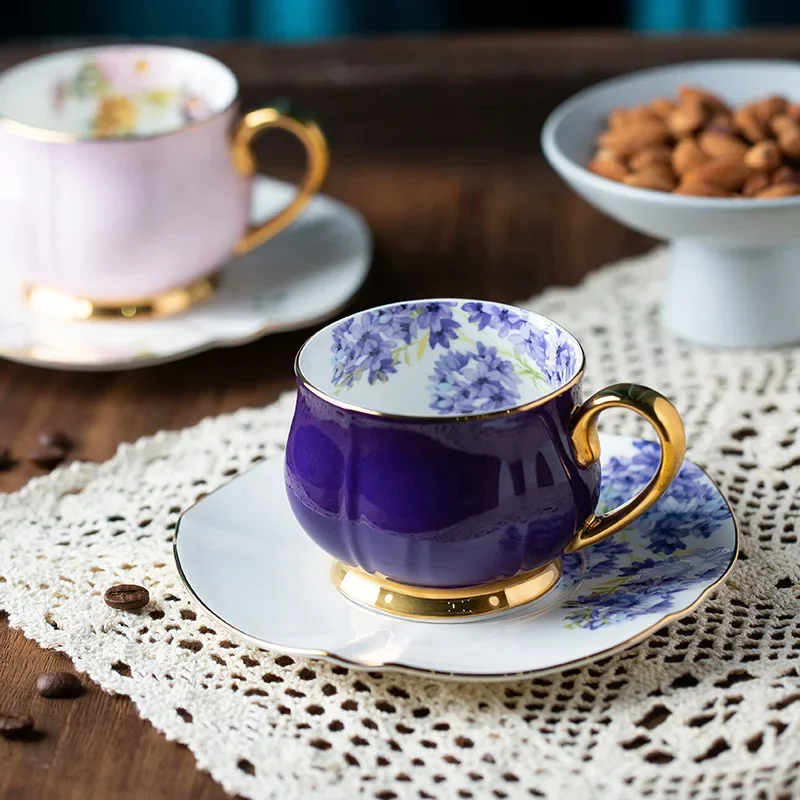 

Luxury and exquisite couple pink purple cup 90ml meaningful hand made tea cup European bone china coffee cup and plate set
