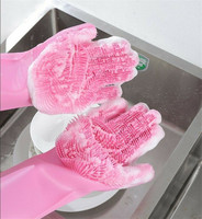 1Pair Silicone Dishwashing Cleaning Gloves Rubber Sponge Gloves Household Scrubber Gloves Kitchen Cleaning Tools