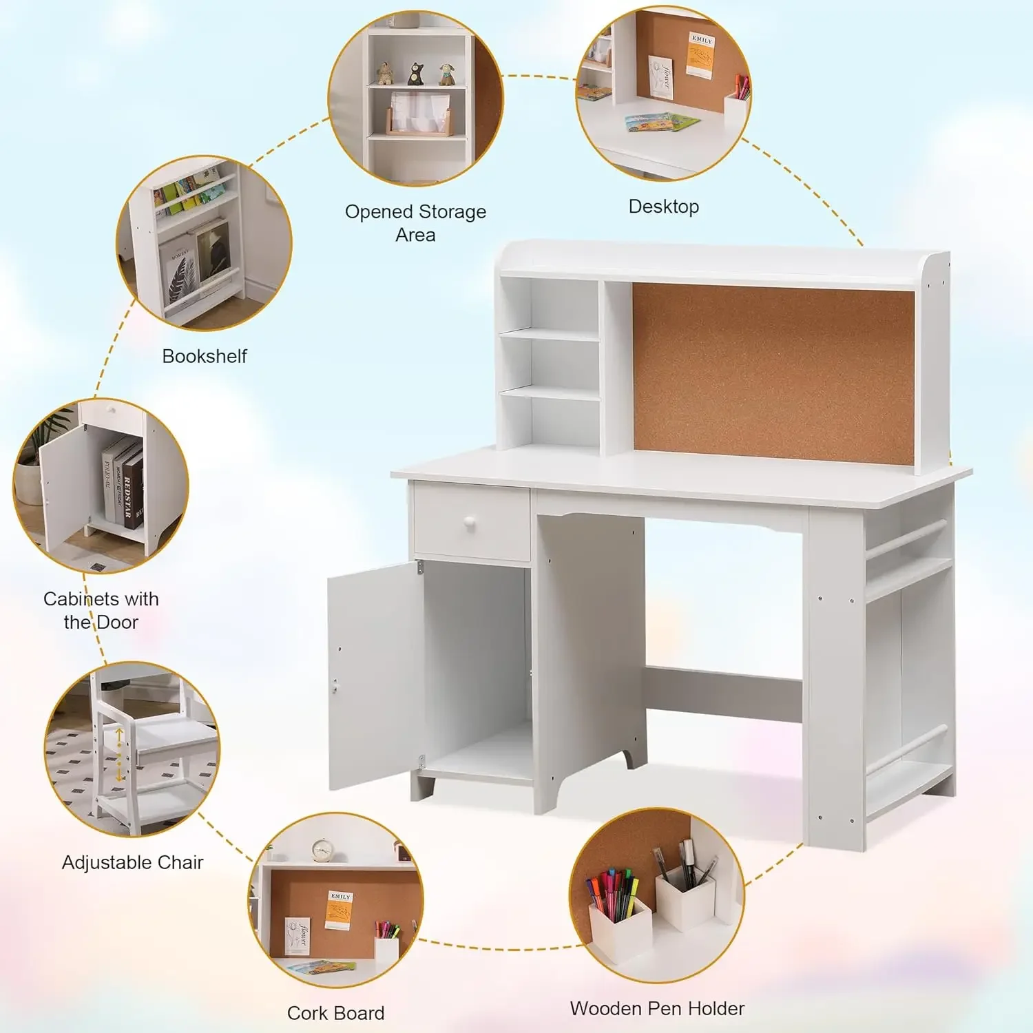 White Study Desk and Chair Set with Bookshelf, Bulletin Board, and Cabinets - Ideal for Boys and Girls Ages 3-8