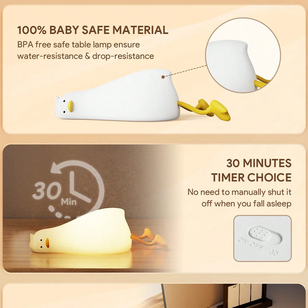 Cute Duck Silicone Night Light with Tap Control 3-Level Dimmable LED Bedside Lamp for Kids and Adults Rechargeable Bedroom Decor