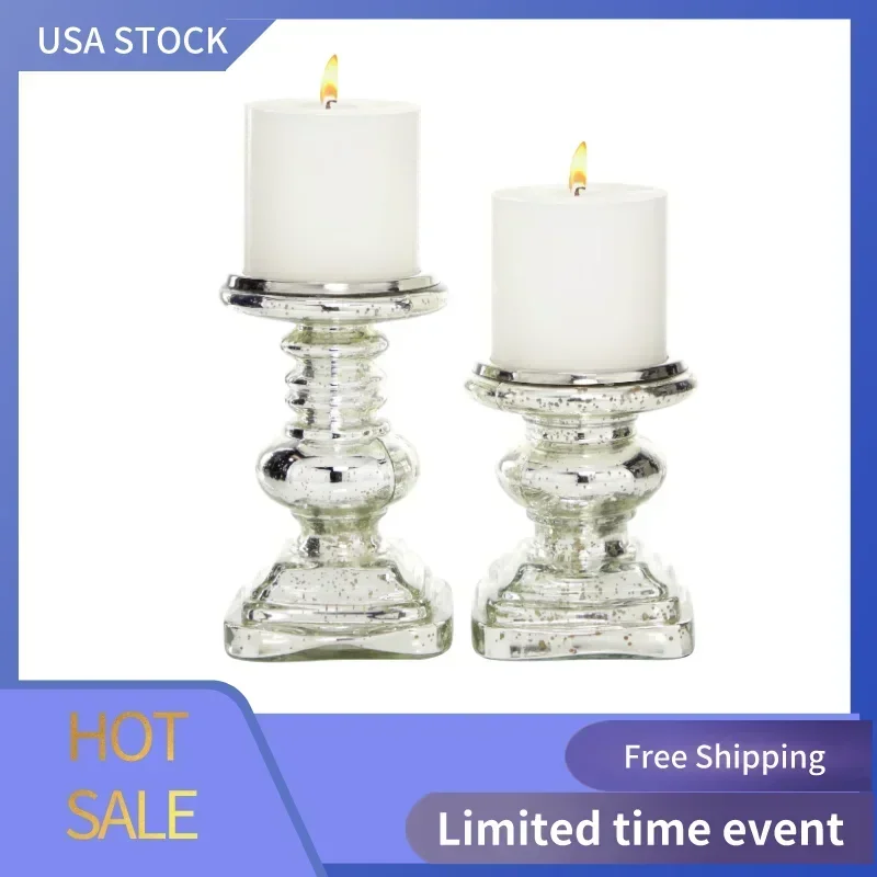 

2 Candle Silver Glass Handmade Turned Style Pillar Candle Holder, Set of 2