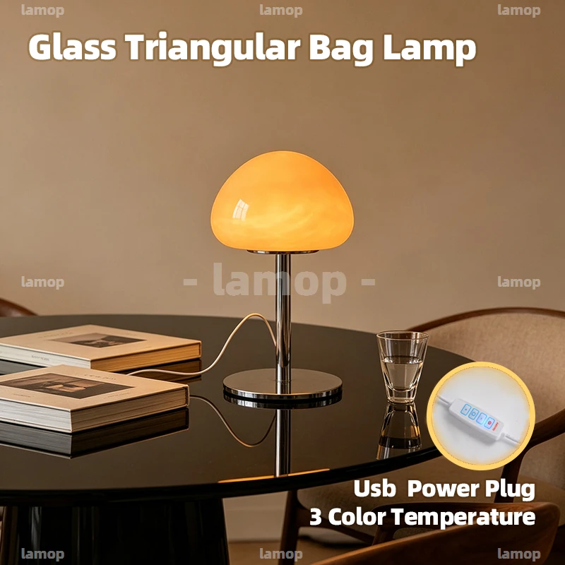 Wide‑Base Triangular Glass Table Lamp,Soft Diffused Ambient Light,Korean Healing Lamp for Apartment Bedroom Side Table