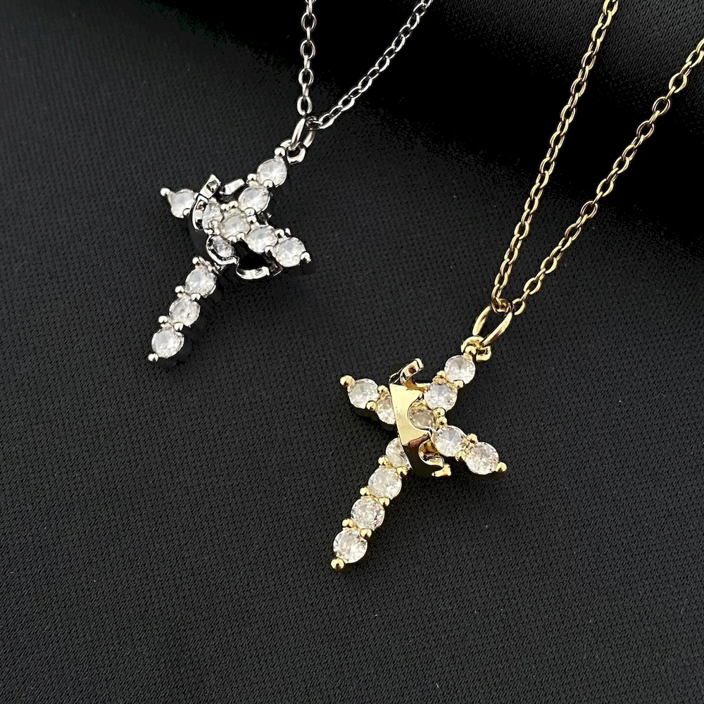 Women 50cm Length Stainless Steel Chain Rotatable Crown Cross Pendant Necklace Plated 18K Gold Neck Jewelry Drop Shipping