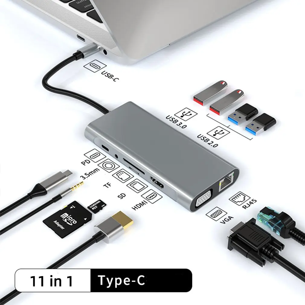 11 in 1 USB Type C Hub RJ45 Lan 4K HDMI-Compatible VGA SD TF USB 3.0 2.0 PD Dock for MacBook iPad Samsung S21 Dex Mouse U Disk