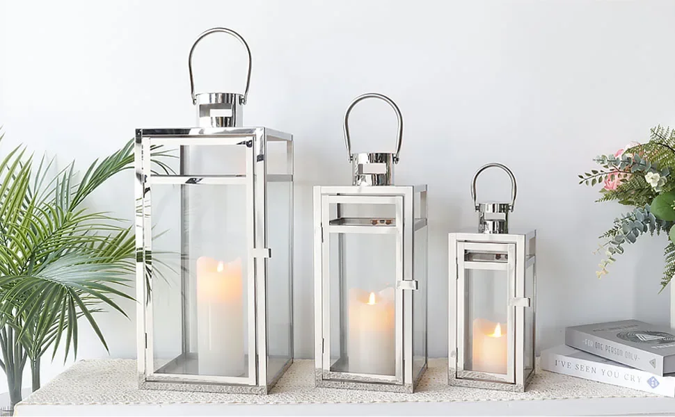 Metal Candle Lantern Set of 3 - Assorted Size (12/15/19 Inch) -Tall Metal Hanging Lanterns with Tempered Panels-Silver