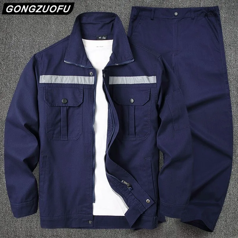 Men Thick Pure Cotton Workwear Set Heat Resistant Wear Resistant Reflective Strip Labor Uniform Factory Work Suit Spring Autumn