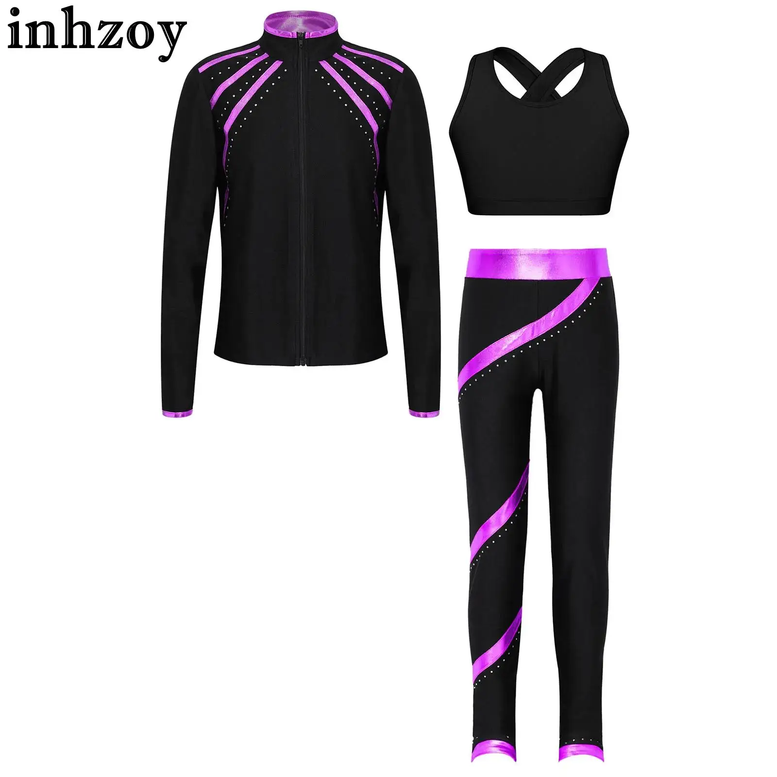 Kids Girls Figure Skating Gymnastics Costume Long Sleeve Zipper Outerwear with Crop Top Leggings Pants Fitness Yoga Tracksuits