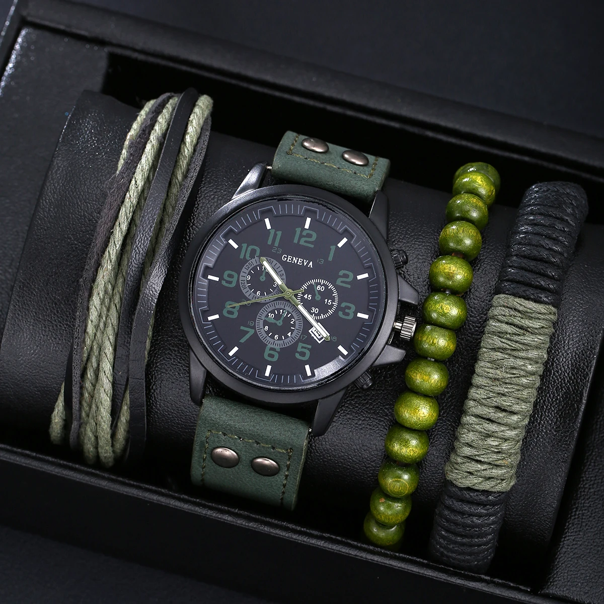 Men\'s New Handsome Army Green Belt Quartz Watch+Three Bracelets