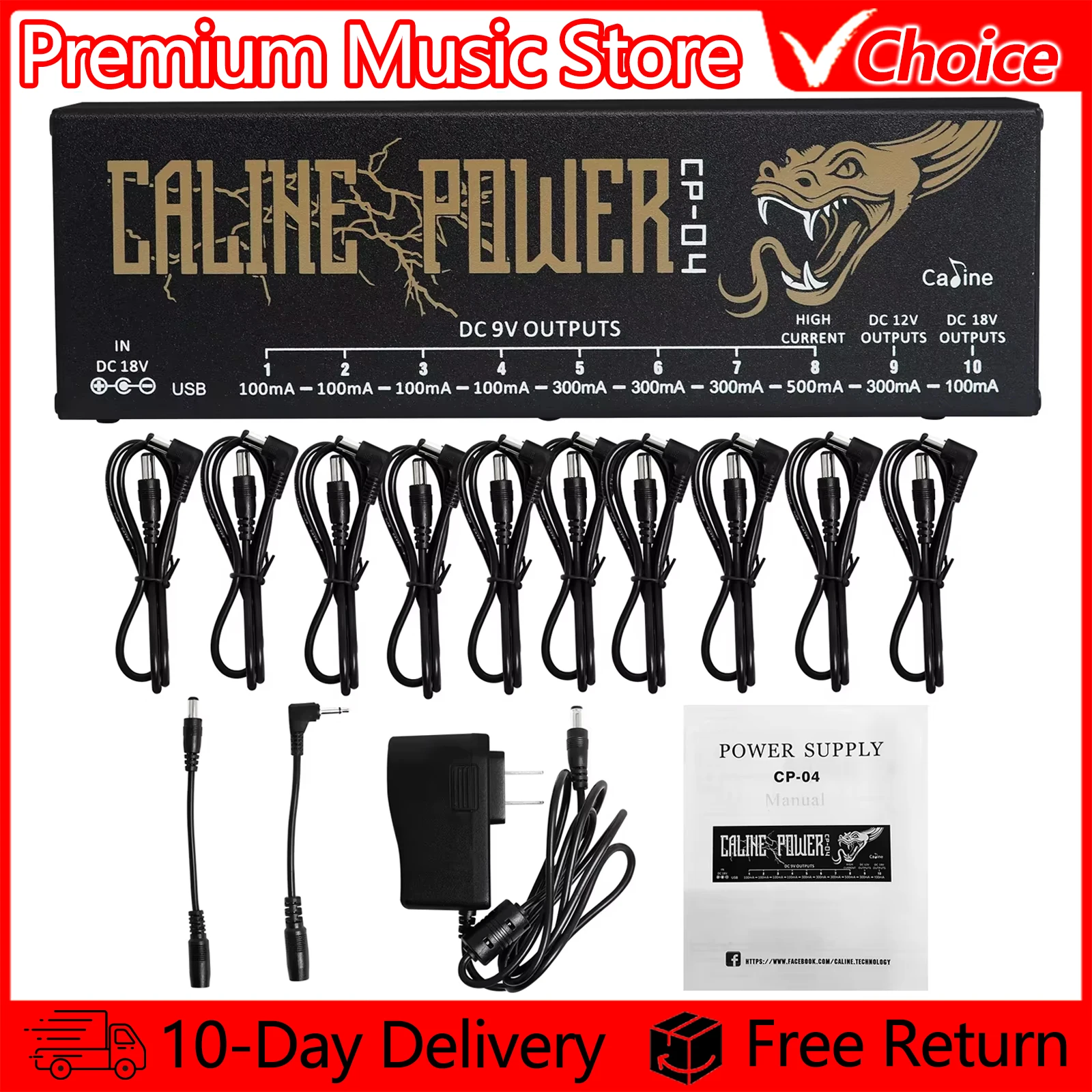 Caline Guitar Pedal Power Supply CP-04 10 Isolated Outputs 9V,12V,18V Short Circuit /Overcurrent Protection Effect Power Supply