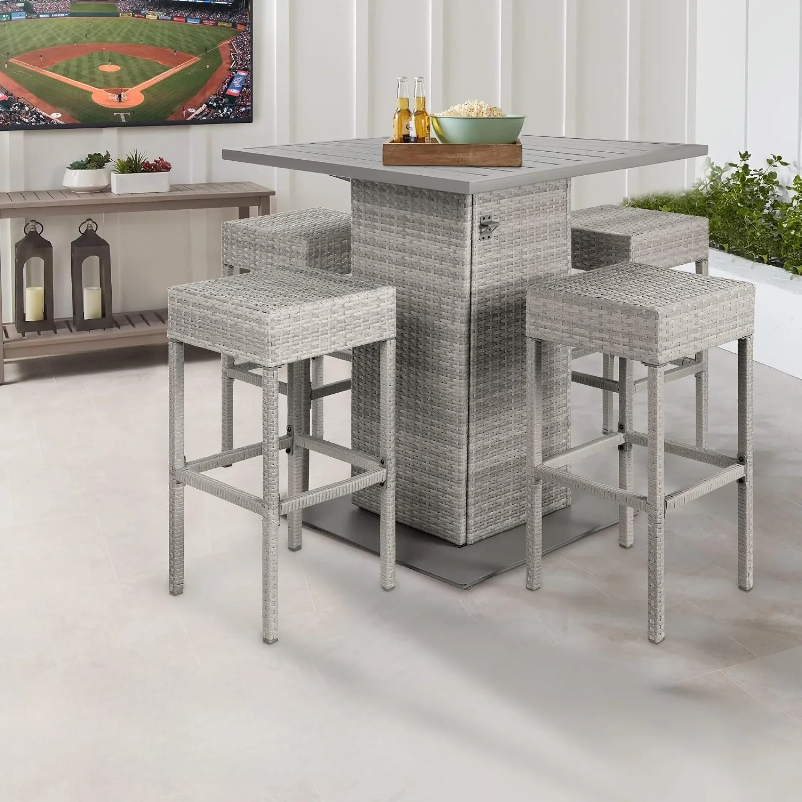 Outdoor Wicker Bar Table Set for Patio, Poolside, Backyard w/Built-in Bottle Opener, Hidden Storage Shelf, Metal Tabletop, 4 Stools - Gray