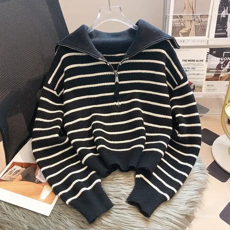 Korejpaa Striped Turn-down Collar Sweaters Women Half Zipper Pullover Top Autumn Winter Korean Style Knitted Pull Femme