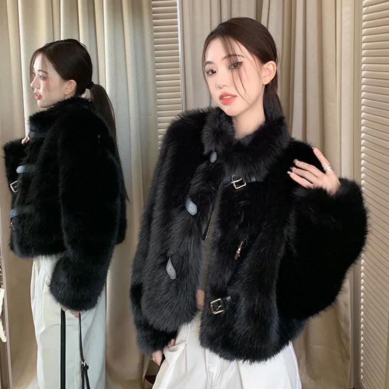 Black Faux Fur Jacket Women Elegant Belt Button Fall Winter Warm Furry Coat Imitation Mink Velvet High Street Harajuku Outwear