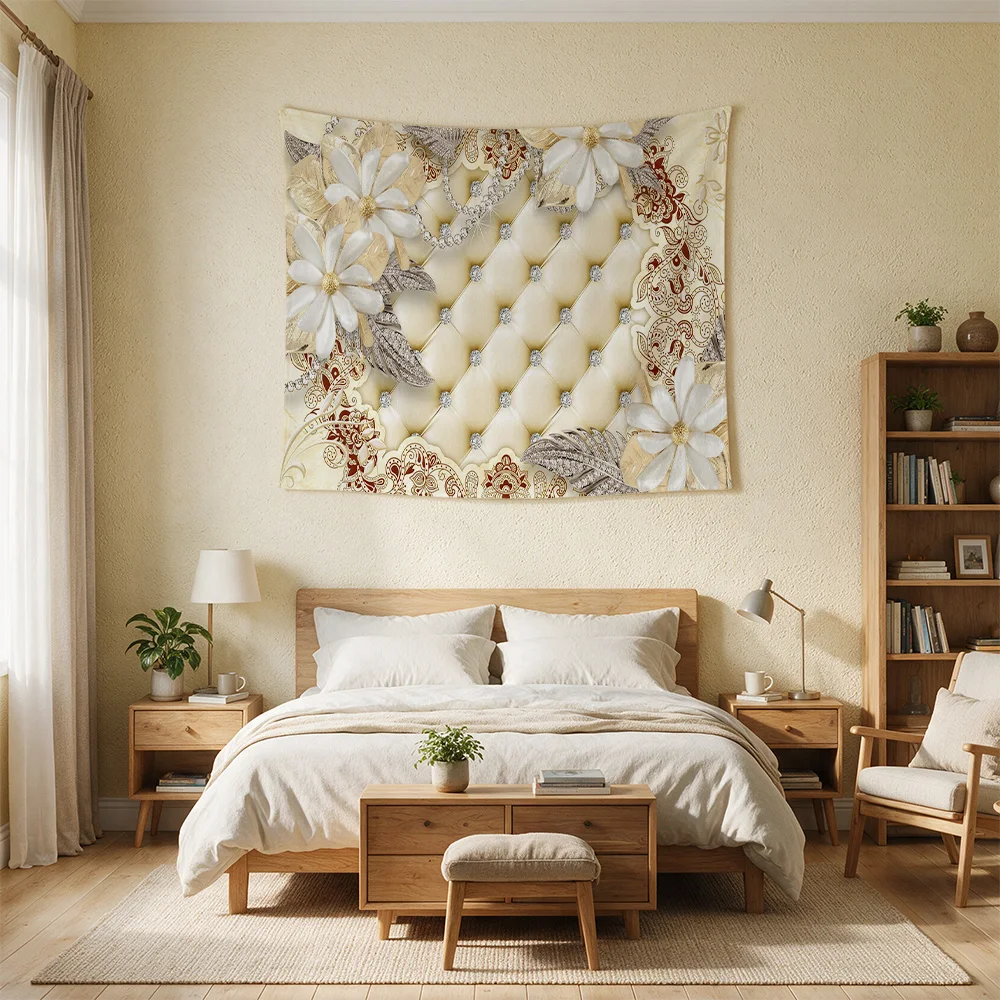 Elegant Chesterfield Tufted Upholstery Wall Hanging Tapestry Beige Gold Floral Baroque Living Room Decor