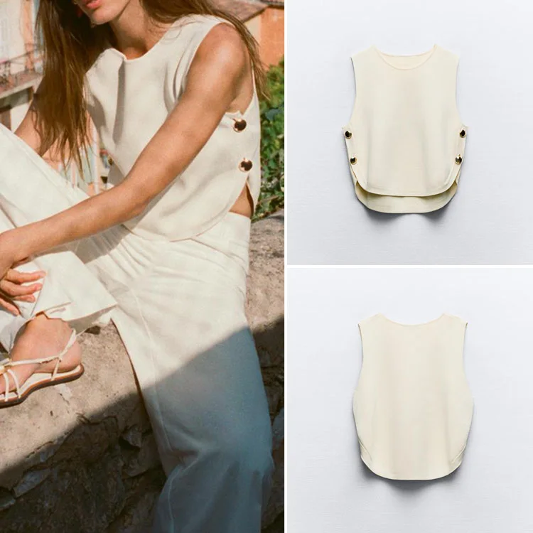 

Faionable Sexy Knitted Vest ZA2024 Autumn New Arrival Side Button Design Street Sle Slim Fit Pure Color Women's Top