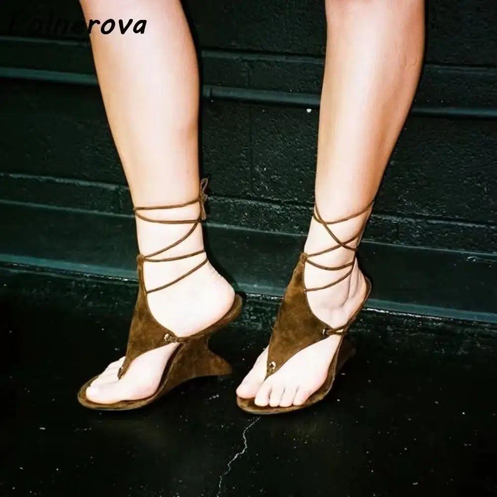 

Strange Style Heels Flip Flops Sandals Ankle Band Lace Up Black Spot White Chic Runway Shoes Wedges Ladies Summer Shoes