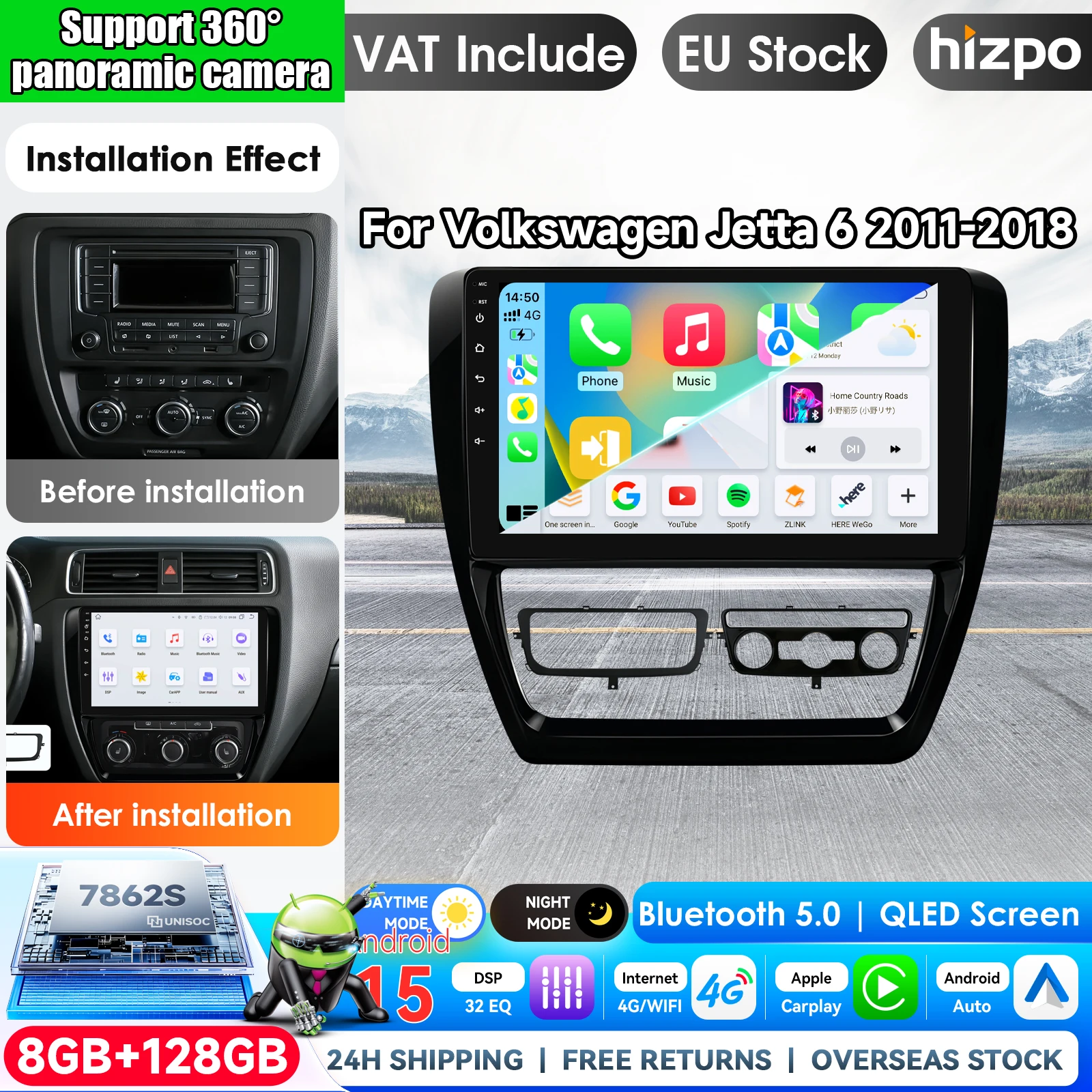 Hizpo Wireless CarPlay Android Auto Autoradio für Volkswagen Jetta 6 2011 - 2018 mit eingebautem Kühlventilator, Android GPS-Navigation, Multimedia-Player, WiFi, DSP, RDS, BT, SWC, IPS-Touchscreen,