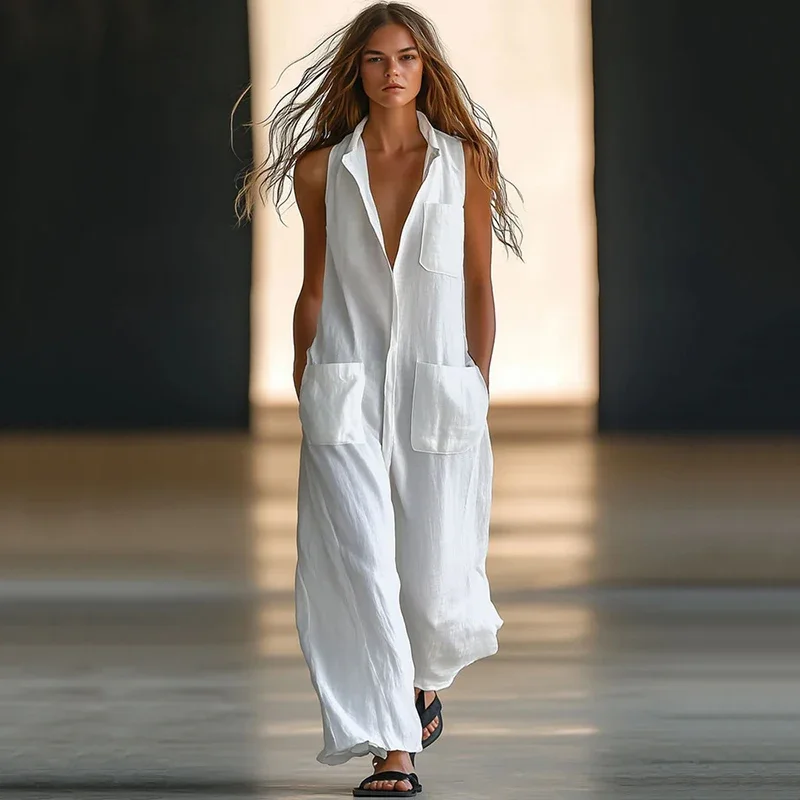 

Women's Fashion Single Breasted Wide Leg Jumpsuit Simple Elegant Solid Color Lapel Sleeveless Pocket Loose Straight Jumpsuits