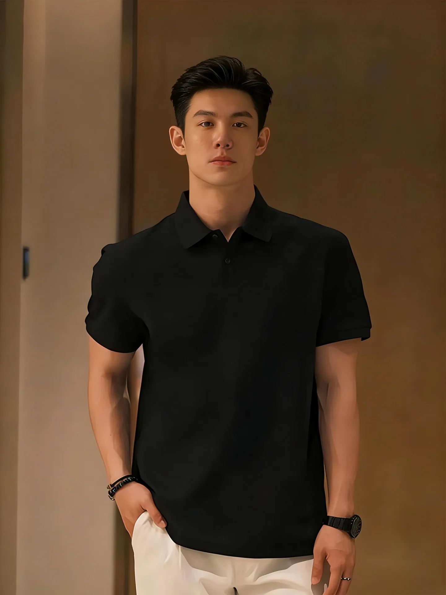 Black Short Sleeve  Shirt Men's Style Summer Cool Maturity Heavyweight Collar Correct Shoulder T-Shirt Breathable Casual ...