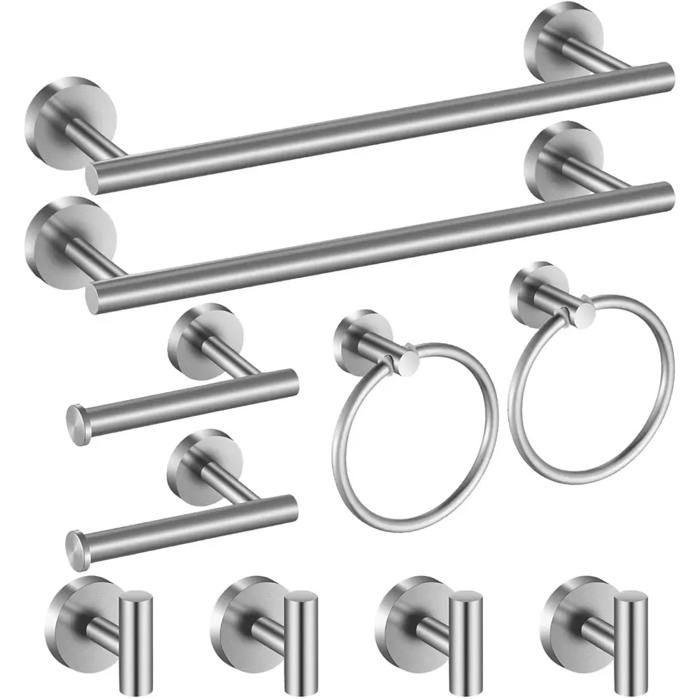 Bathroom Hardware Set 10 Pieces, Stainless Steel Towel Bar Set includes 2 Packs 16 inch Towel Bar, 4 Packs Towel Hook