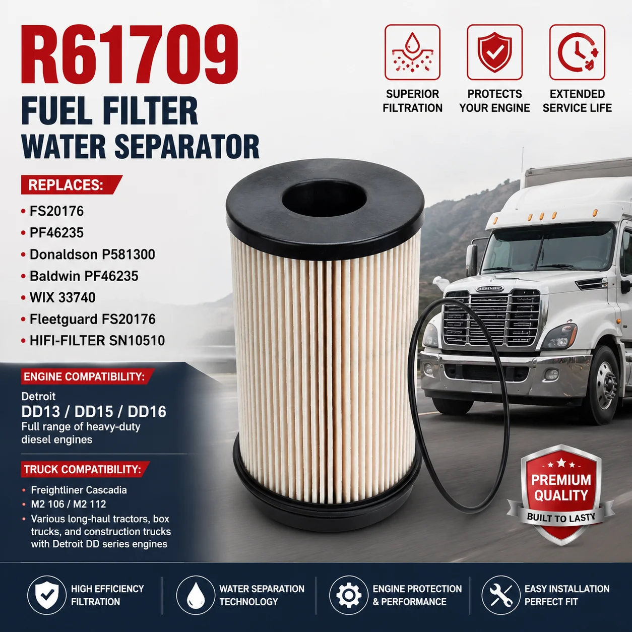 Filtro de Combustible y Separador de Agua R61709, Reemplazo de FS20176 para Camiones Pesados Detroit DD13 DD15 DD16 Freightliner Cascadia M2 106