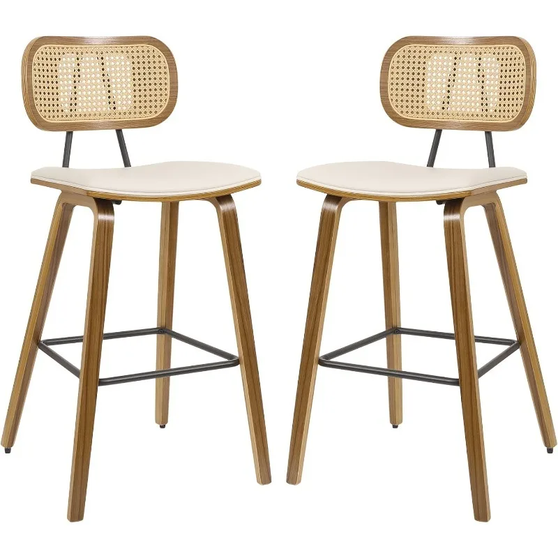 

Counter Height Bar Stools Set of 2, Mid Century Modern Counter Stools, 26" Wood Kitchen Stool PU Leather Upholstered Barstool