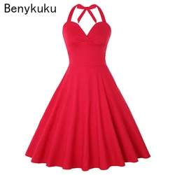Red Vintage Sexy Halter Party Dress Women Summer Pin Up Cotton Hepburn Style Big Swing Rockabilly Dresses Plus Size 4XL Vestidos