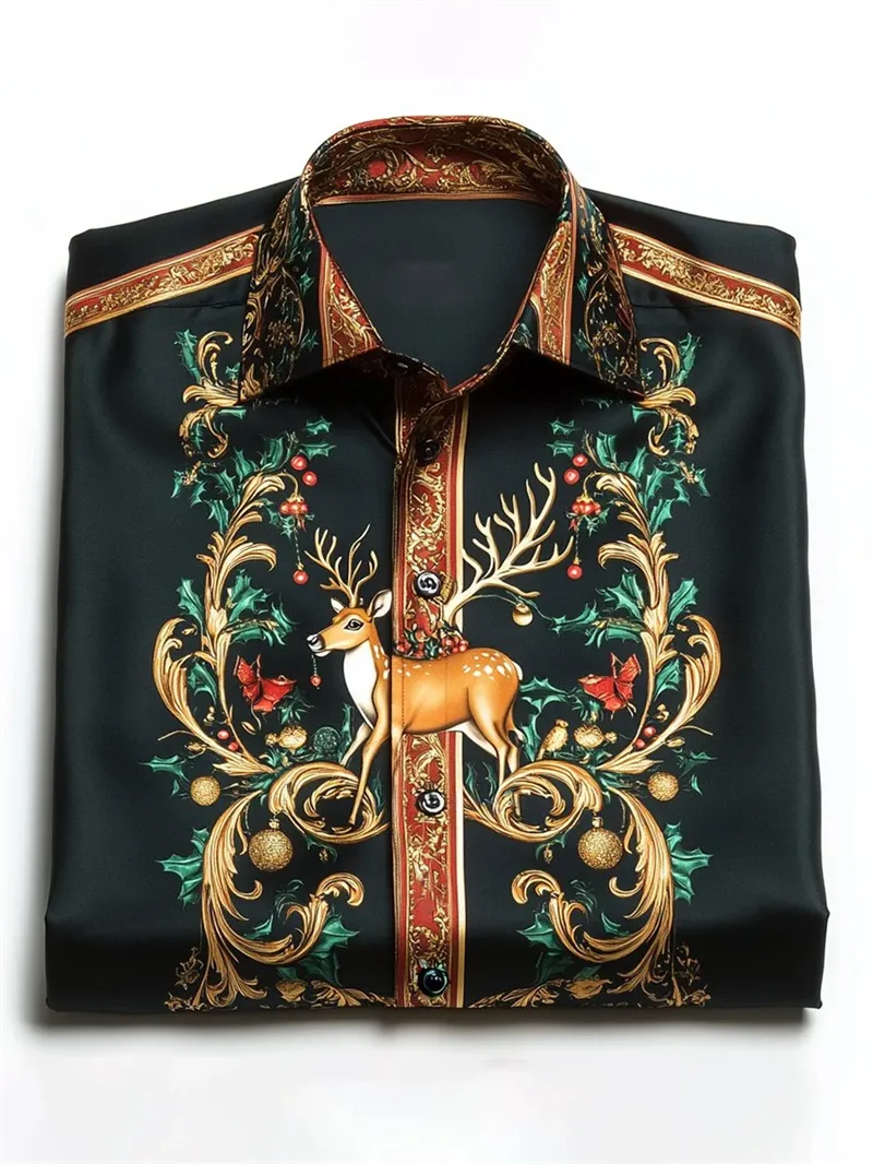 Men's Christmas long sleeved shirt reindeer Christmas tree snowflake print lapel button shirt Christmas party casual shirt
