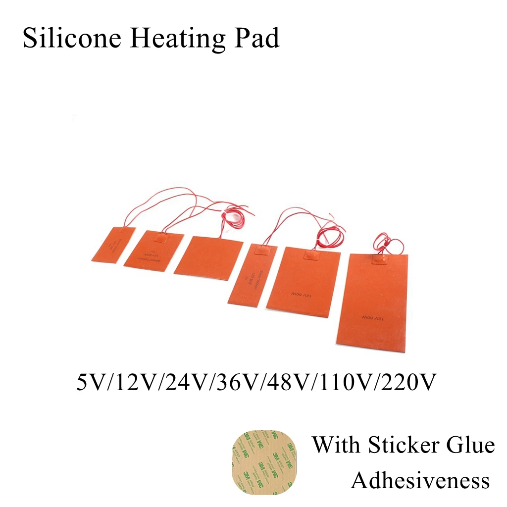 5V 12V 24V 110V 220V Silicone Rubber Heating Pad Square Flat Heater Band Mat Plate Waterproof 3D Printer Glue Sticker Adhesive