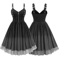 ROSEGAL Plus Size Gothic Womens Dresses, Cross Zipper, Lace Up, Mesh, Ruched, Layered Dress, Elegant Casual, Knee-Length Vestido