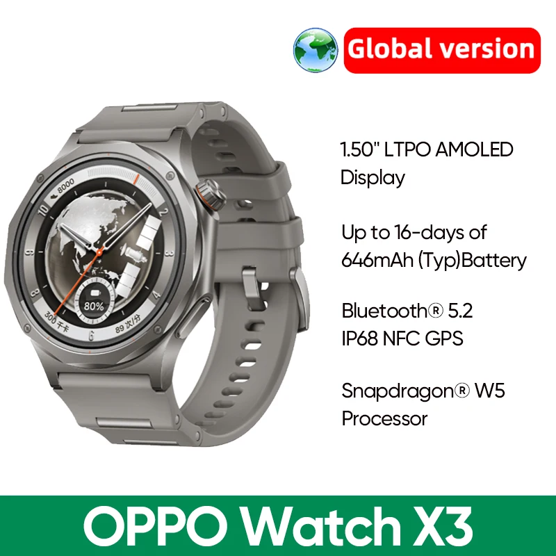 Reloj Inteligente OPPO Watch X3 Versión Global, Caja de Aleación de Titanio Ultraligera, Pantalla AMOLED LTPO de 1.50'', 16 Días de Duración de la Batería, NFC, IP68