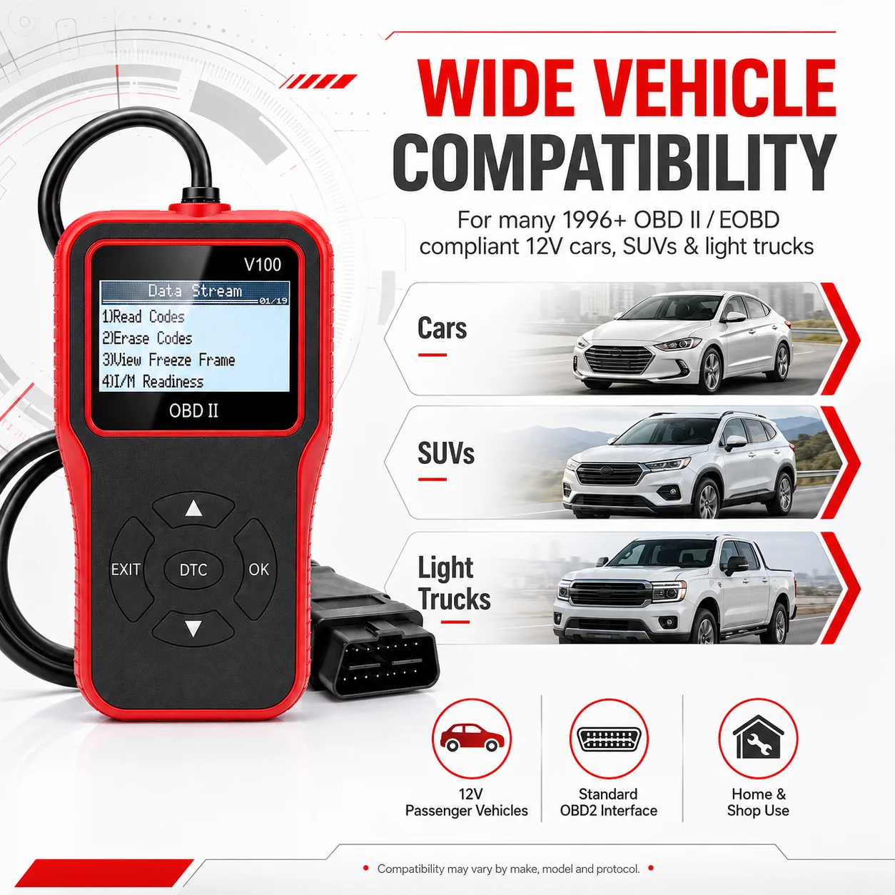 V100 Automotive Engine Fault Code Reader OBD2 Diagnostic Scanner with Voltage Monitoring Function