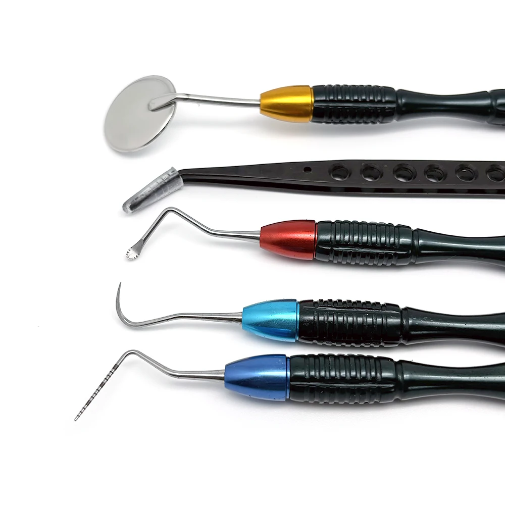 Kit de examen de dentista de 5 piezas, escalador de limpieza Dental LM, Gracey Curette Cobra, mango con caja de desinfección, herramientas dentales