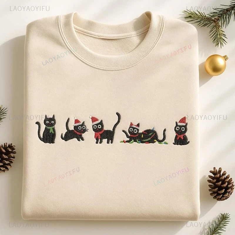 

Рождественский свитшот с котом, зимняя одежда, праздничный пуловер, забавный узор, толстовка с милым котом, Рождественский свитер, Рождественский джемпер