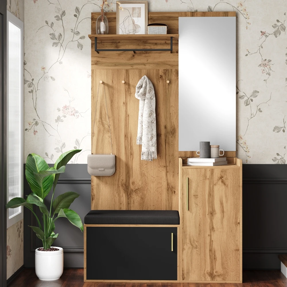 PINGGO Kompakter Kleiderschrank mit Spiegel und Sitzfläche, Kleiderschrank mit Schuhregal und Haken, kompakter Kleiderschrank, der an der Wand bohren muss – Detail 7