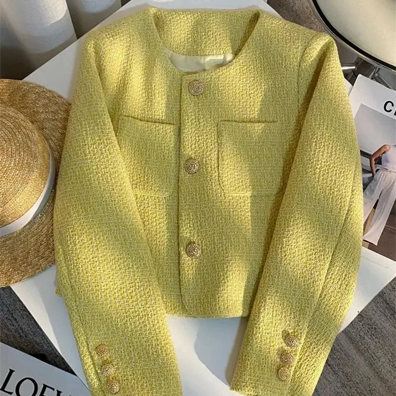 2024 Fashion Tweed Short Jacket Women\'s Woolen Coat Spring Autumn O-neck Single-breasted Yellow Outerwear Streetwear Casual Tops