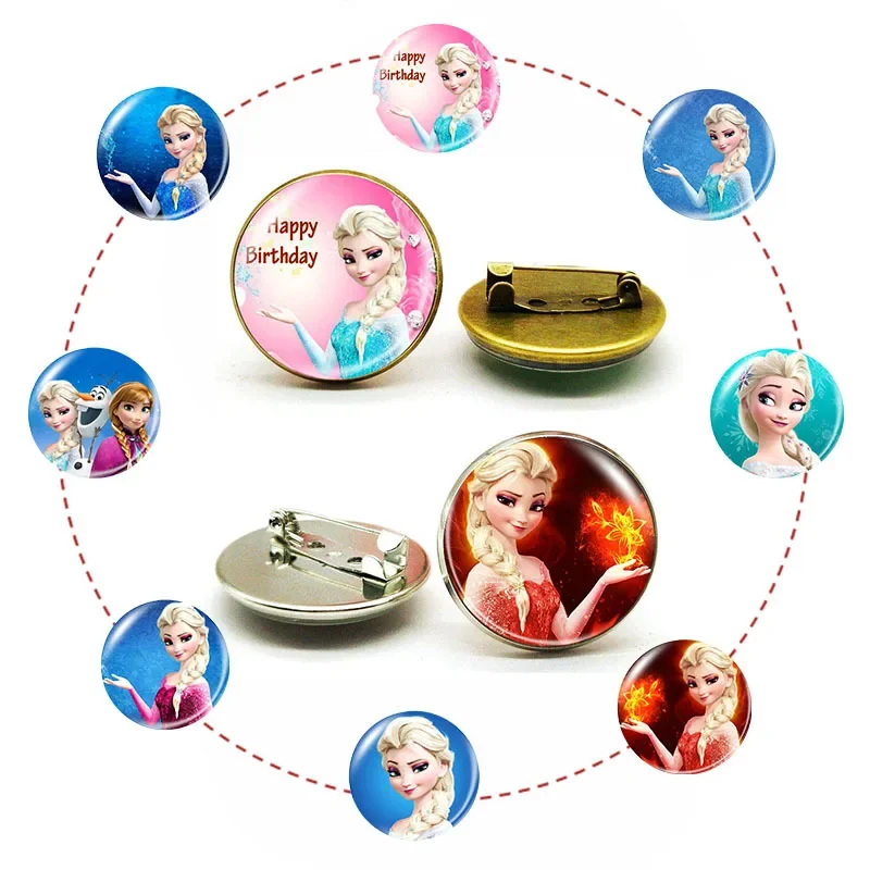 Disney Brooch Frozen Elsa Glass Cabochon Pinback Button Bag Clothes Denim Jeans Lapel Pin Badge Jewelry Children's Birthday Gift