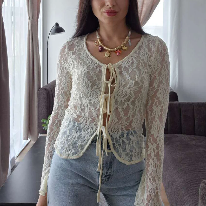 

White Basic Lace Hollow Out T Shirt 2025 Fashion Women Lace Up Flower Cardigan Soft Loose Bottom Tees Female Casual Knitted Top