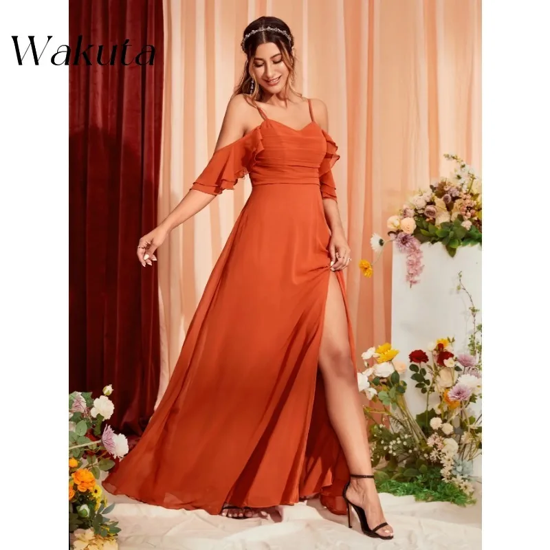 Wakuta Spaghetti paski Off The Shoulder plisowane suknie balowe moda wysoki rozcięcie szyfonowa druhna Vestidos De Novia Boda Civil