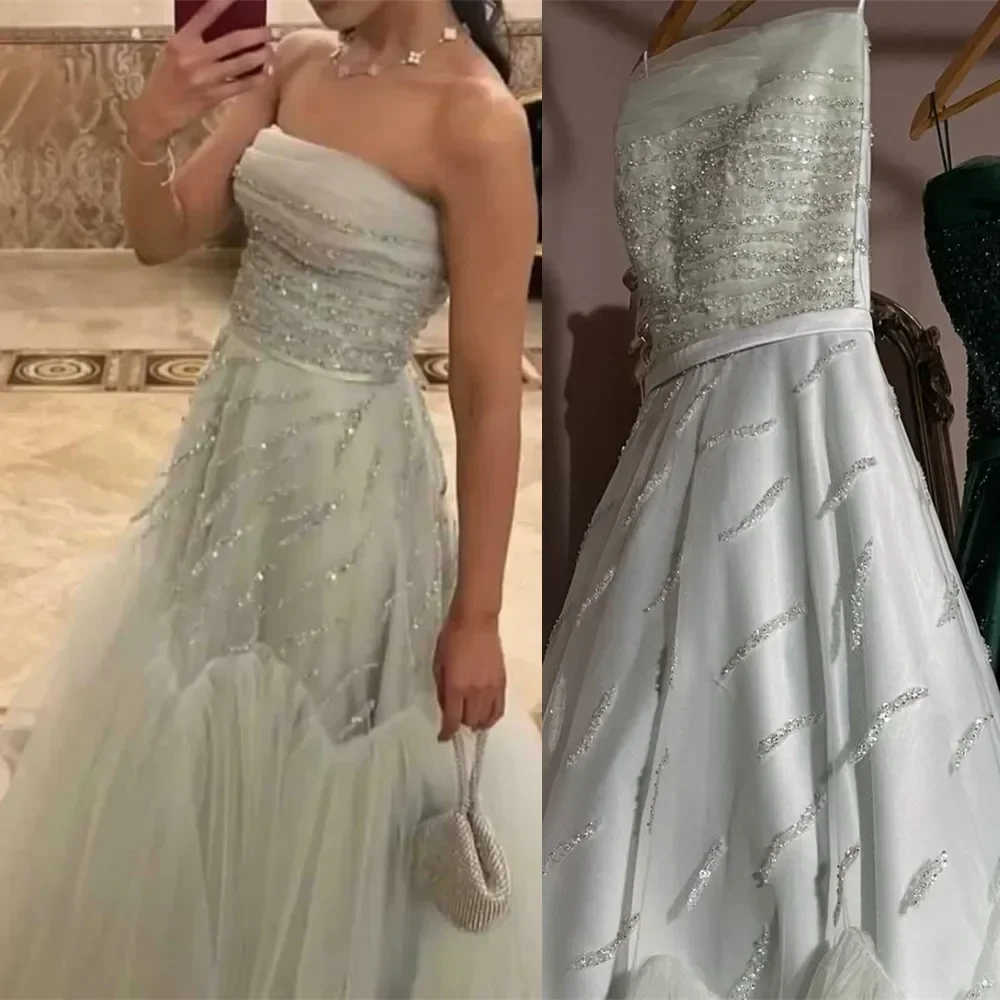 Vestidos de noche de Arabia Saudita, vestidos de fiesta de lentejuelas brillantes sin tirantes de tul, vestidos largos de fiesta de cumpleaños de corte a para mujer personalizados 2025